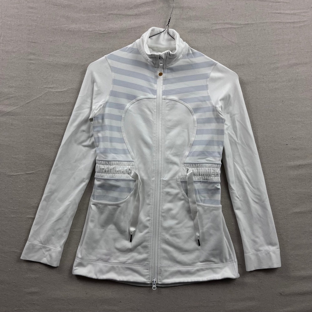 Rare Lululemon Yohari Full Zip Jacket 4‎ White Blue Striped Cinched Waist